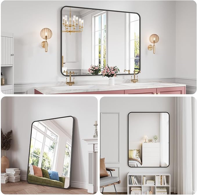 Koonmi Metal Framed Bathroom Mirror, 36"X48" Anti-Rust Bathroom Vanity Mirror, High-Definition Tempered Glass Bathroom Mirrors for Over Sink, Modern Decorative Wall Mirror for Restroom