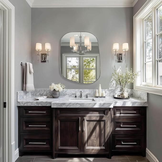 ANDY STAR 22"x30" Chrome Bathroom Mirror, Irregular Wall Mirror in Stainless Steel Metal Frame, Modern Polished Chrome Finish with Curved Edge Design, Wall-Mount Vertically or Horizontally