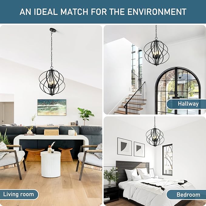 17” Modern Black Chandelier for Dining Room - 4-Light Industrial Sphere Pendant Light, Hanging Geometric Chandelier for Kitchen, Entryway, Foyer, Stairs