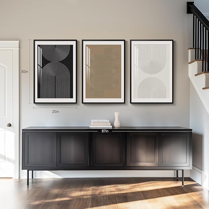 Large Framed Boho Neutral Abstract Wall Art, 3 Piece Modern Art Prints Paintings Artwork for Walls, Minimalist Black White Brown Geometric Pictures for Living Room, Dining Room, Bedroom Wall Decor