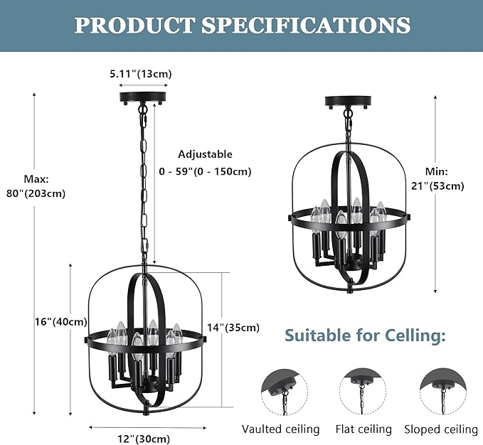 Black Chandelier-6 Light,Modern Farmhouse Chandeliers for Dining Room Light Fixture Entryway Industrial Rustic Geometric Hanging Foyer Lighting Fixtures Kitchen Chandelier for Bedroom Hallway