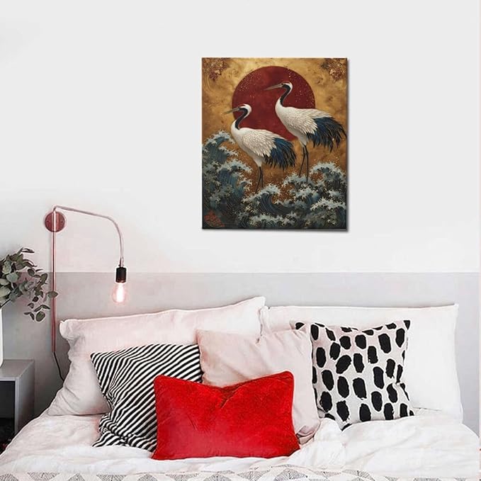 Japanese Crane Wall Art Gold Oriental Asian Wall Decor Sandhill Crane Canvas Pictures Paintings Prints Japan Traditional Aesthetic Artwork Framed Chinese Decorations For Bedroom Living Room Office Gifts 20" x 24"