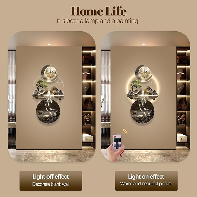 LED Light Art Wall Decor, 3D Art Wall Decor Clock, Decors Walls Sculptures with Lights, Modern Home Decors Landscape Walls Sculpture, Plug-in Power Supply, Gold G, 19x39IN