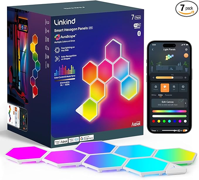 Linkind Smart Hexagon Lights, RGB LED Wall Light Panels with Music Sync, Gaming Light Compatible with Alexa and Google Home, DIY Wall Decor for Gaming Room, Home Theater, Bedroom, 7 Pack