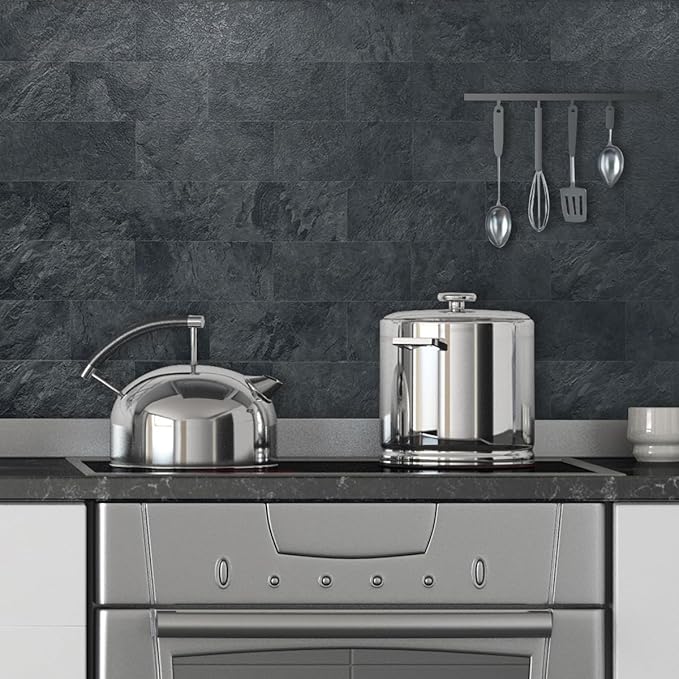 AULIGET 2-Piece Black Slate Peel and Stick Backsplash Wall Tiles, 6" x 12" PVC Faux Stone Stick on Tiles for Backsplash Kitchen, Bathroom, Laundry Room, Camper, Fireplace