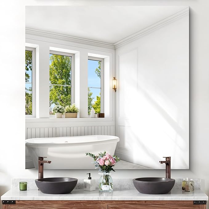 KOCUUY Large Frameless Mirror, 48x48 Inch Square Bathroom Vanity Mirror for Over Sink, Upgraded Shatterproof Unframed Design for Bedroom, Living Room, Entryway