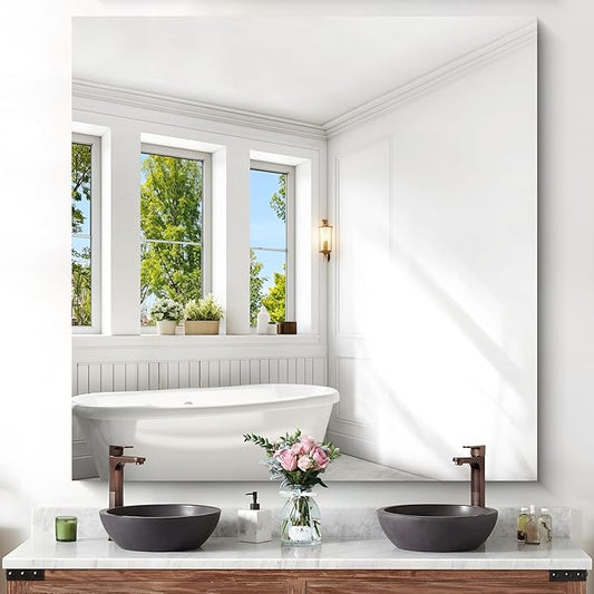 KOCUUY Large Frameless Mirror, 48x48 Inch Square Bathroom Vanity Mirror for Over Sink, Upgraded Shatterproof Unframed Design for Bedroom, Living Room, Entryway
