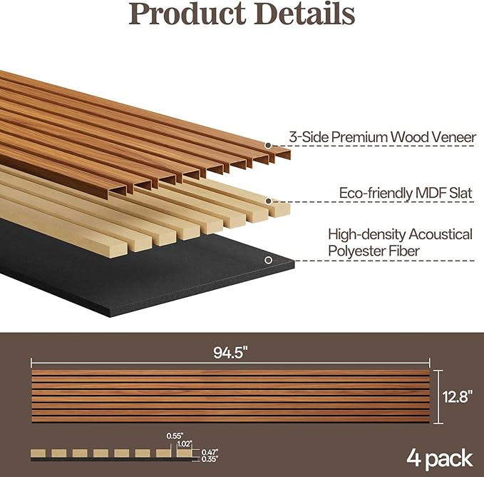 4 Pack Wood Panels for Wall, 94.4" x 12.6" Acoustic Wood Slat Wall Panel for Interior Decor & Noise Reduction, Soundproof Panel, Sound Absorbing 3D Textured Panels - Teak