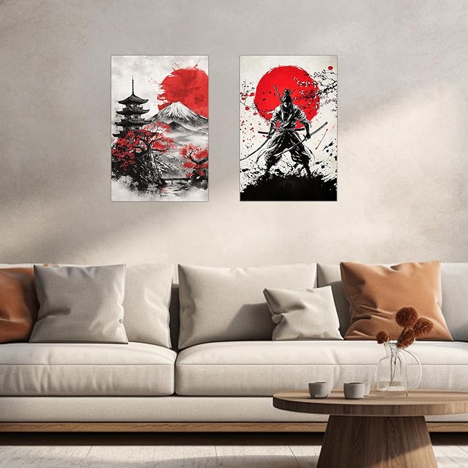 SWQYLB Japanese Wall Art 2 Piece Samurai Art Wall Decor Japanese Landscape Pictures Canvas Prints Asian Oriental Home Decor Framed (Black, (24"x36"x2 Pieces))