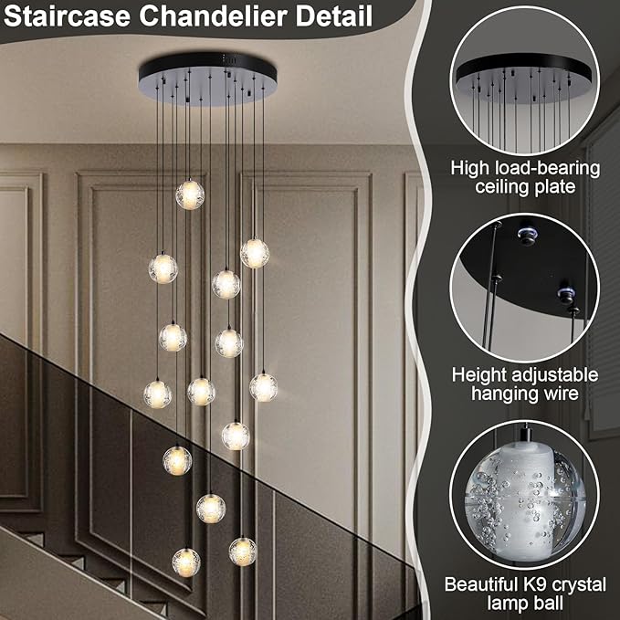 Black chandelier-14-Lights Staircase Chandelier for Living Room Hight Ceiling Foyer Pendant Lighting Fixture Modern Crystal Chandelier Spiral Stairwell Lighting Round Base Light, Warm Light