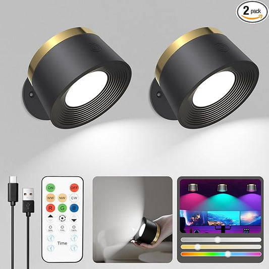 Moobibear LED Wall Lights with Remote, 3500mAh Rechargeable Battery Operated Wall Sconce, Dimmable 13RGB + 3 Color Temperature Magnetic Wireless Wall Lamp, for Rooms, Hallway (Black, 2 PCS)