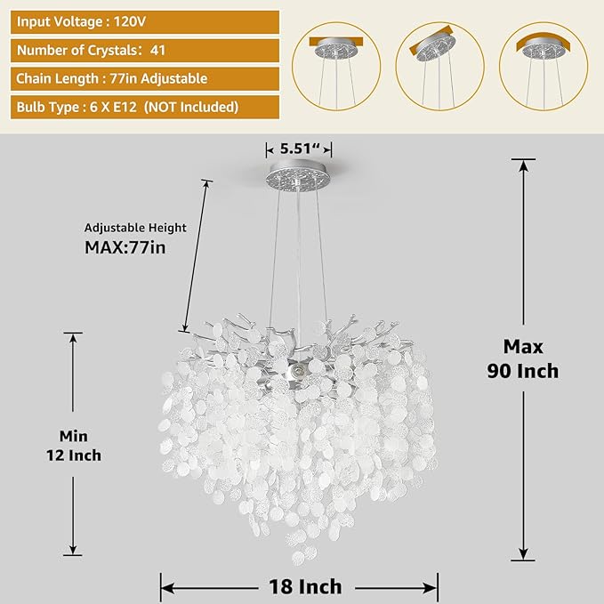 6-Light Capiz Shell Chandeliers, 18 Inch Modern Coastal Light Fixture for Living Room Bedroom, Round Crystal Tree Branch Pendant Lighting for Bathroom Foyer Kitchen Island, Silver