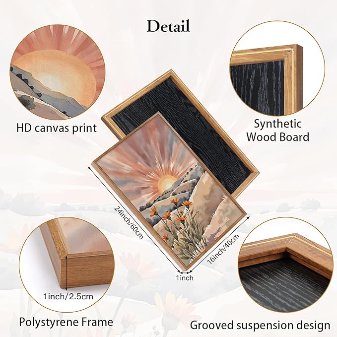 CHDITB Boho Sun Canvas Wall Art Set, Sunrise and Sunset Mountain Wall Decor, Watercolor Mountains Landscape Art Prints, Vintage Floral Nature Paintings for Living Room, Bedroom, Office - 16"x24"x3