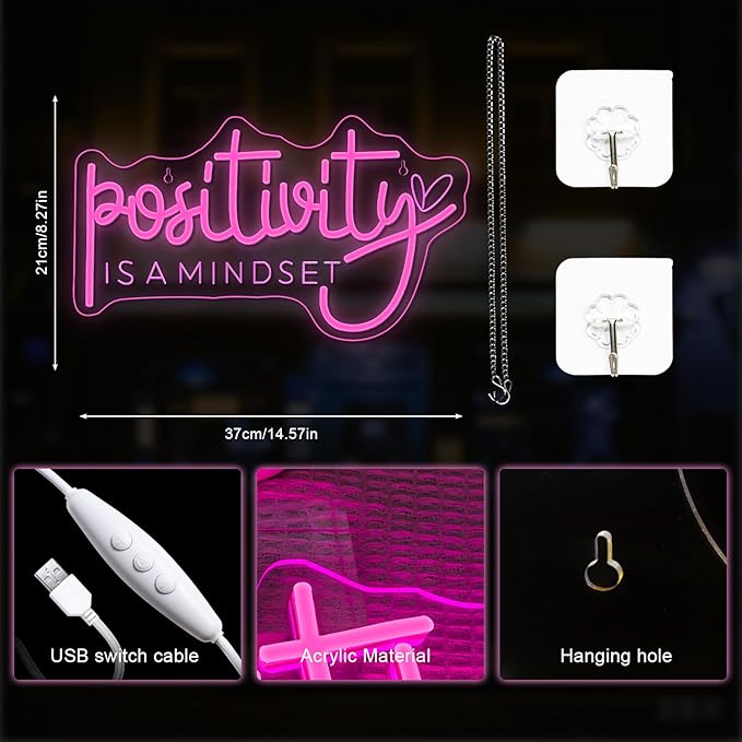 Lucunstar Pink Neon Sign Positivity is a mindset Dimmable LED Inspirational Light Up Signs for Wall Decor USB Powered Neon Light for Home Room Office Gym School Classroom
