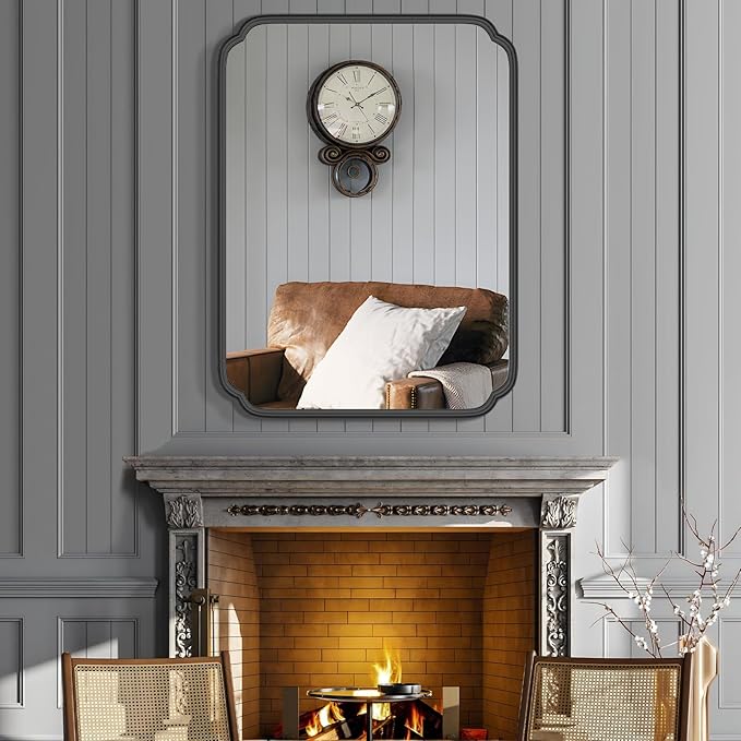 Matte Black Bathroom Vanity Mirror for Over Sink 30" x 40" Modern Rounded Corner Rectangle Wall Mirror Decorative with Non-Rusting Iron Metal Framed (Horizontal/Vertical)