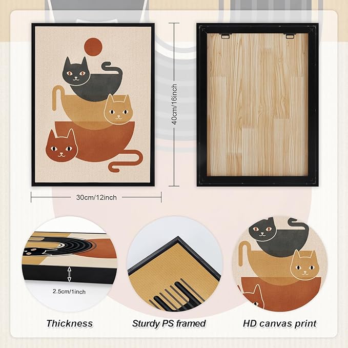LHIUEM Boho Cats Wall Decor Black Cat Vintage Canvas Wall Art(12”X16”) Midcentury Modern Wall Decor MCM Cats Abstract Wall Art Gifts for Cat Lovers Framed Bohemian Art Prints for Living Room Bedroom