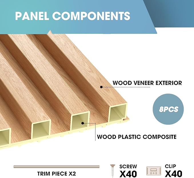 OUZUGIE WPC Acoustic Slat Wall Paneling, 8-Pack 114 x 6 Inches 3D Wall Panels for Interior Wall Decor,Living Room,TV Background,Study Room,Office Spaces,Bedroom,High Grille (Oak)