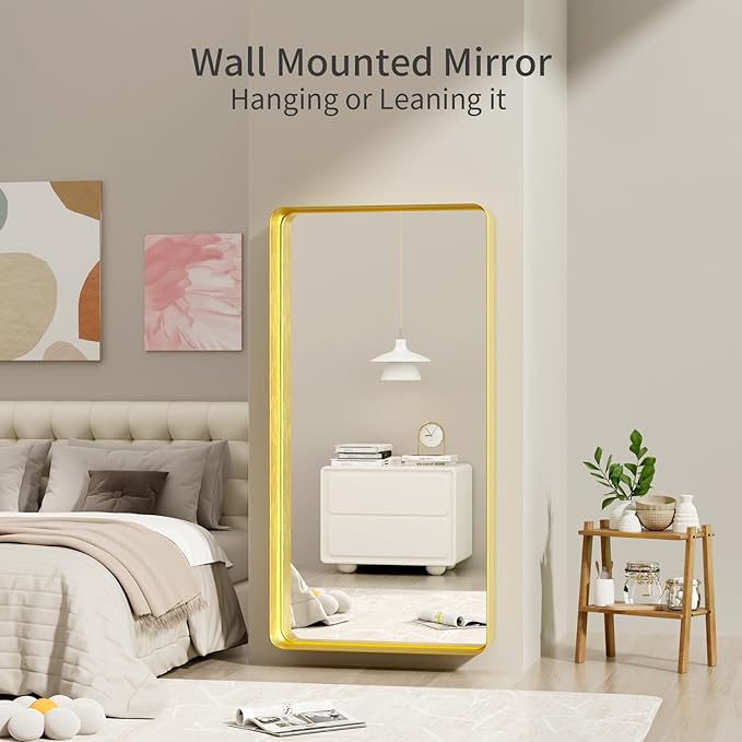 Koonmi Gold Bathroom Mirror for Wall, 30x60 Inch Matte Metal Deep Framed Rounded Corner Wall Mirror, Shatterproof Tempered Glass for Farmhouse Bedroom Entryway, Vertically or Horizontally