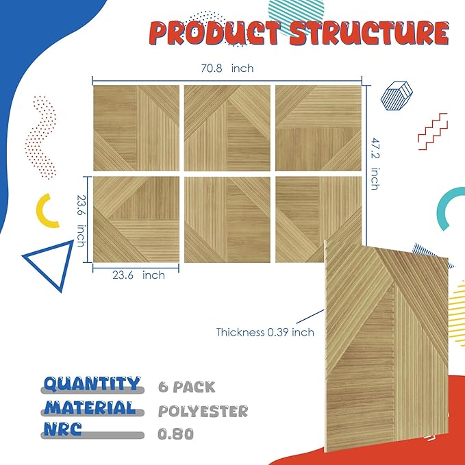 Large Acoustic Panels 6 Pack,Soundproof Wall Panels 23.6 x 23.6 Inches,Decorative Sound Panels,Self-Adhesive Acoustic Wall Panels for Home Studio Office, Harmony Geometric