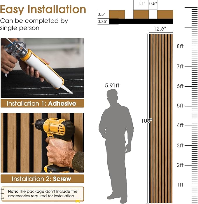 Acoustic Wood Slat Panels 4 Pack 106" x 12.6", Soundproof Wooden Wall Panels, 3D Fluted Panel for Interior Wall Decor, Living Room, Bedroom - Teak (Cover Approx. 37 sq.ft)