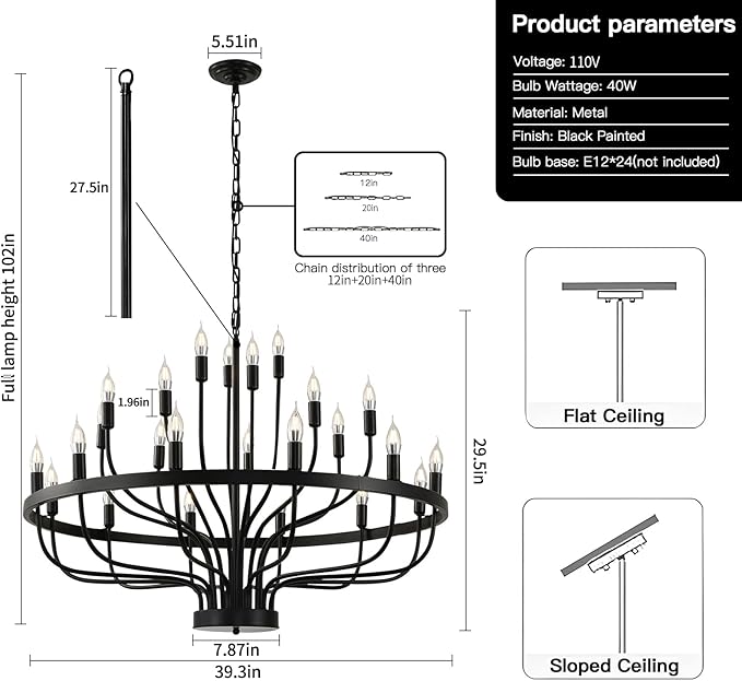 Black Chandelier 24 Light, Modern Farmhouse Chandelier for Dining Room, Round Industrial Candle Chandeliers Light, Wagon Wheel Chandelier 39in 3-Tier for Hallway, Living Room, Foyer, Island Lights
