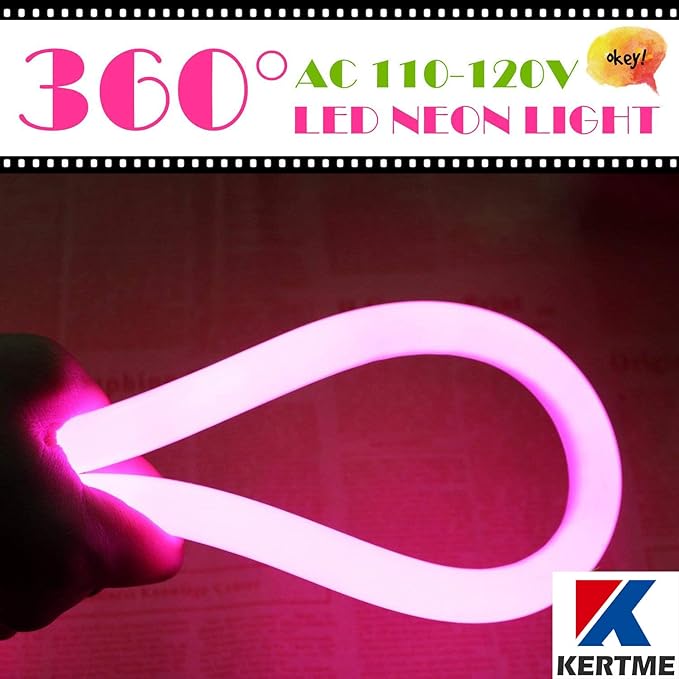 360° Neon Led Type AC 110-120V 360 Degree NEON LED Light Strip, Flexible/Waterproof/Dimmable/Multi-Modes LED Rope Light + Remote for Home/Garden/Building Decor (16.4ft/5m, Pink)