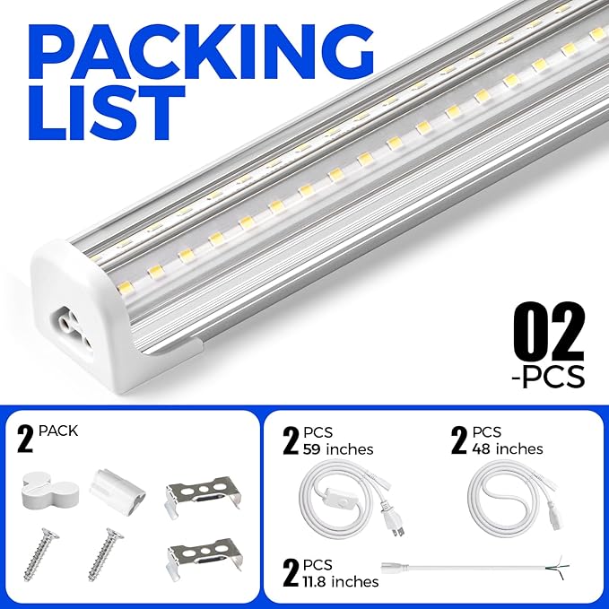 Barrina T8 LED Shop Lights for Workshop 4FT, 50W, 5000K, ‎Daylight White, Clear Cover, Ceiling, V-Shape Shop Light Fixture, Garage, Warehouse, Basement, ETL Listed, 2 Packs