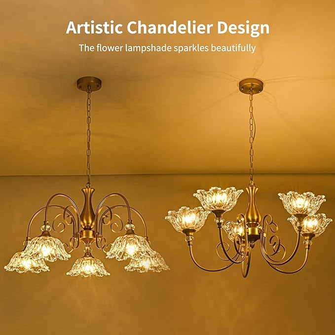 5-Light Vintage Chandeliers in Matte Brass Finish with Crystal Glass Shades, Retro Chandelier Light for Dining Room,Hallway,Kitchen