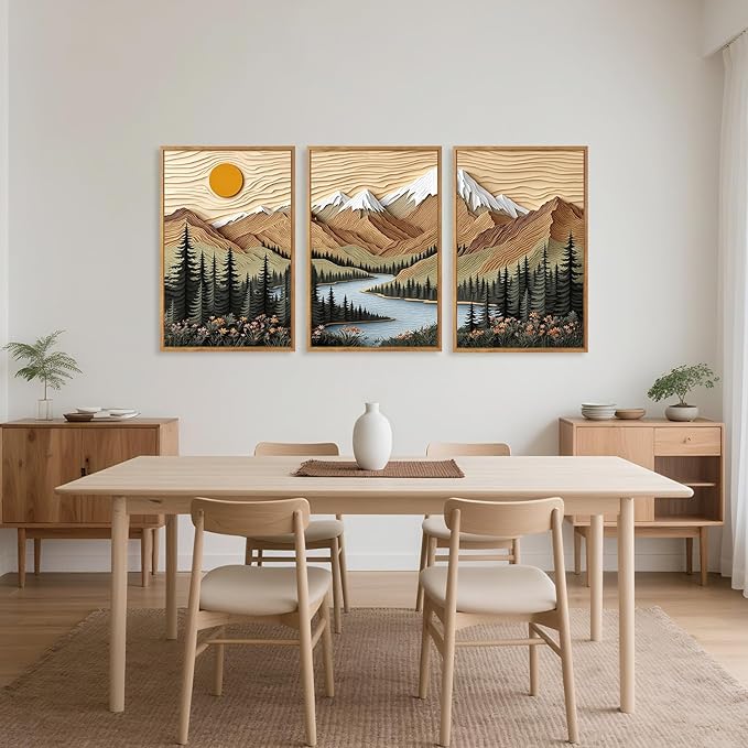 CHDITB Mountain Landscape Framed Canvas Wall Art Set, Forest Nature Wall Decor, Lake Pine Trees Artwork Country Woodcut Painting, Vintage Wilderness Art Prints For Living Room Bedroom Office 24"x36"x3