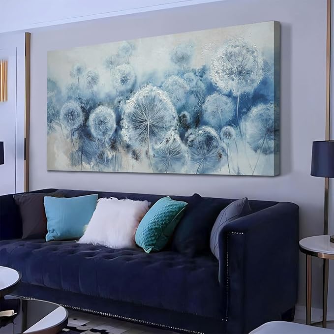 Arjun Wall Ar for Living Room, Dandelion Painting Flower Indigo Floral Canvas Art Wall Decor, Blue and White Textured Bedroom Artwork Framed for Home Office 48"x24"