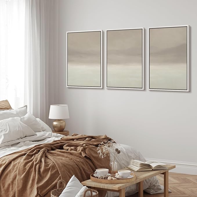MUDECOR Framed Wall Art Print Set Misty Horizon Minimalist Foggy Mountain Landscape in Soft Neutral Tones Illustrations Realism Decorative for Living Room, Bedroom, Office - 24"x36"x3 White