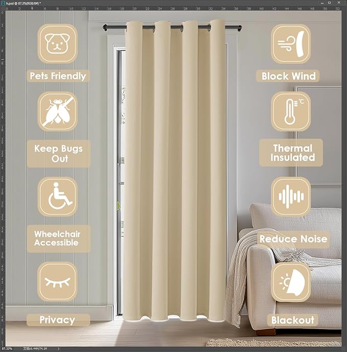 ChrisDowa Blackout Curtains 80 Inches Long for Doorways and Closets, Thermal Insulated Temporary Room Dividers (1 Panel, Biscotti Beige, 34 x 80 Inch)