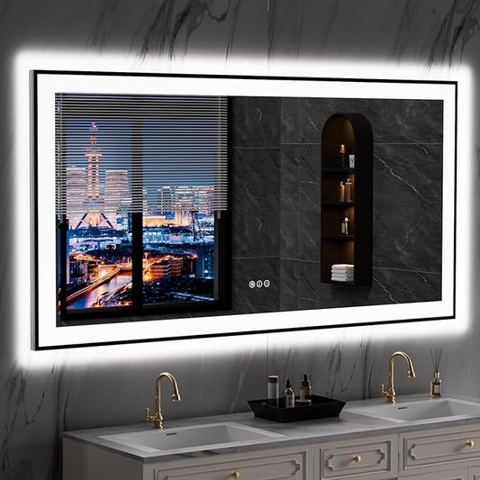 LOAAO 60"X30" LED Bathroom Mirror Black Framed, Anti-Fog, Dimmable, Lighted Bathroom Vanity Mirror for Wall, Memory Function, Tempered Glass