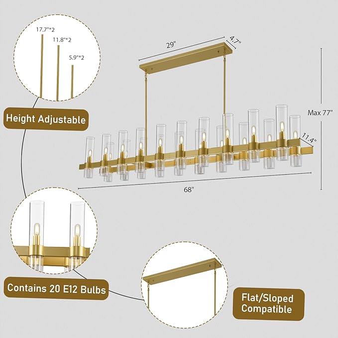 Modern Gold Linear Chandelier for Dining Room, 68'' Rectangular Dining Chandeliers Over Dining Table 20 Light, Linear Chandelier Lighting Fixture with Glass over Kitchen Island, Includes Bulbs