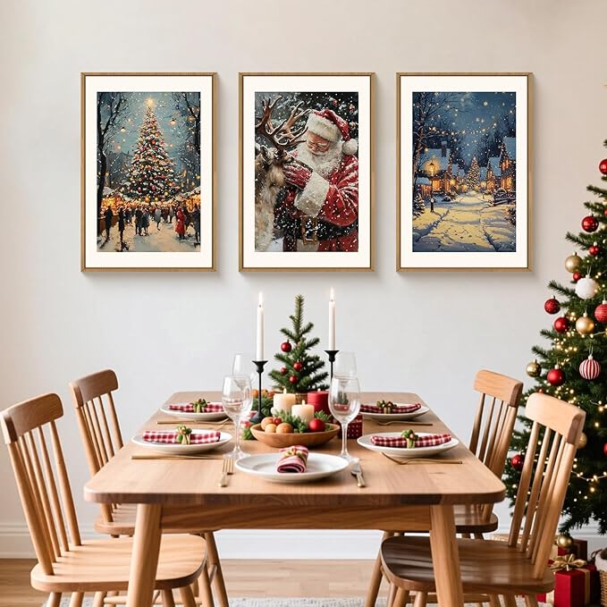 Large Enchanting Christmas Framed Canvas Wall Art Set,Santa Claus Reindeer Wall Decor,Magical Glowing Christmas Tree Artwork,Winter Snowy Village Art Print for Living Room,Bedroom- 16"x24"x3