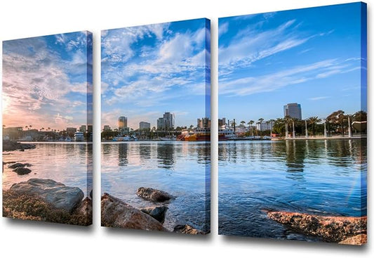 Canvas Wall Art Blue Grey Long Beach Harbor Cityscape Panoramic Skyline Painting Coast Framed Picture Artwork Prints for Living Room Bedroom Home Office Decor Ready to Hang 24‘’ x 12‘’ x 3 panels