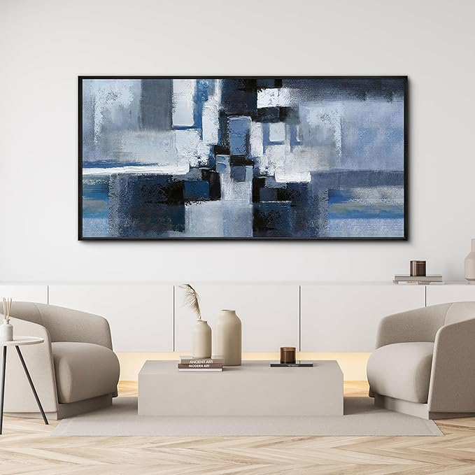 KLAKLA Large Abstracr Wall Art - Blue and Black Canvas Picture for Living Room Office Wall Decor Bedroom Art Framed Artwork Modern Wall Decoration 48x24 Inches