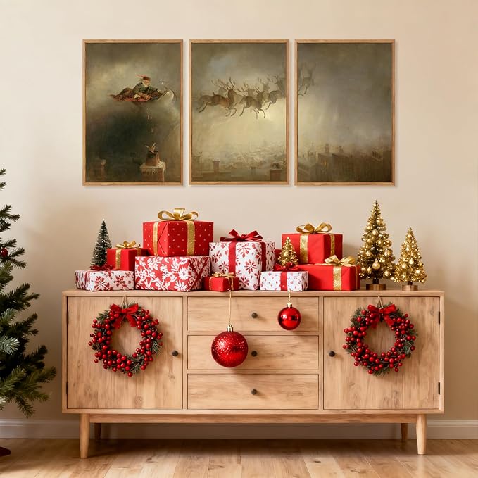 Aurlan Vintage Santa's Sleigh Rides Framed Wall Art(16"x24"), 3PCS Mid Century Modern Moody Black Christmas Eve Santa Claus with Reindeer Sleigh Canvas Artwork, Neutral Abstract Xmas Winter Holiday Gift Decor for Home Office Bedroom