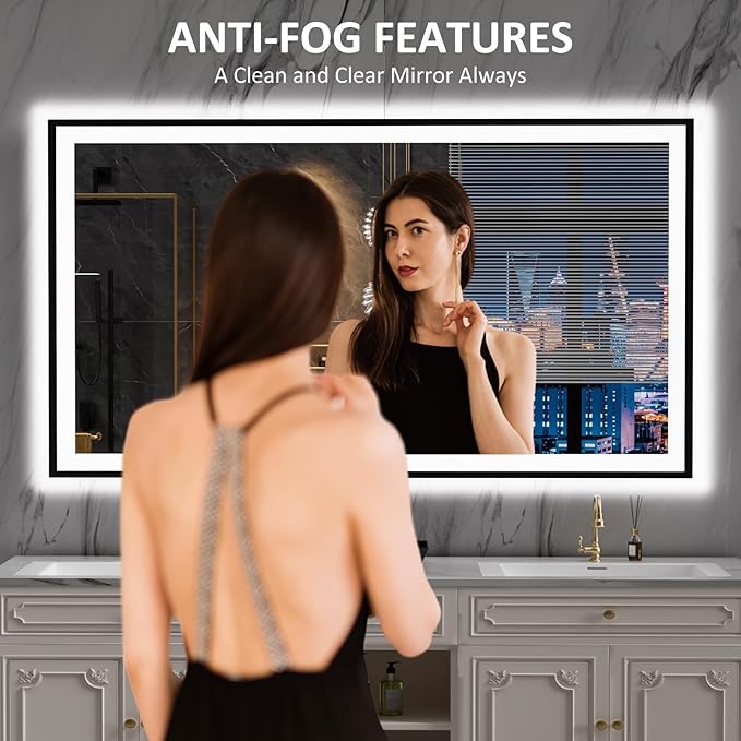 LOAAO 72"X40" LED Bathroom Mirror Black Framed, Anti-Fog, Dimmable, Lighted Bathroom Vanity Mirror for Wall, Memory Function, Tempered Glass