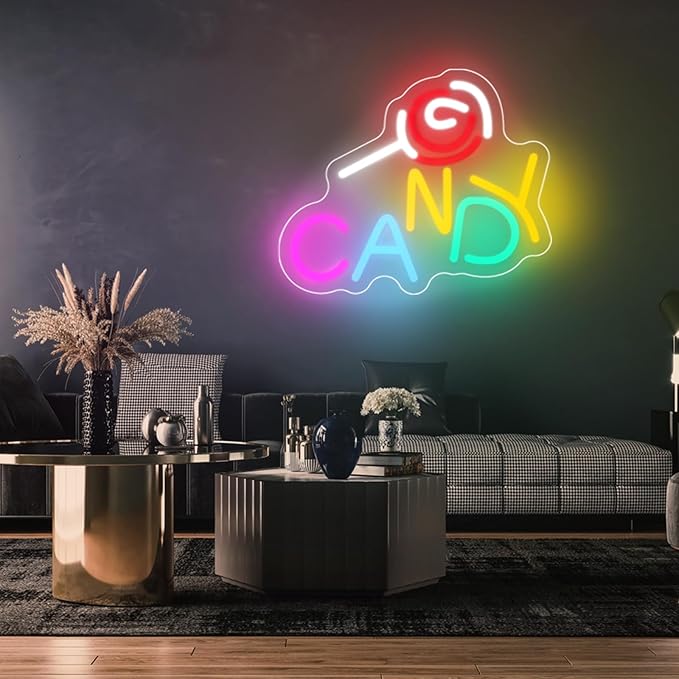 Candy Neon Sign Candy Bar Signs Candy Shop Neon Candy Sign Cherry Neon Sign Candy Display Snack Sign for Snack Sweet Shop Bedroom Birthday Party Decoration, 9.8"" x 8.1""