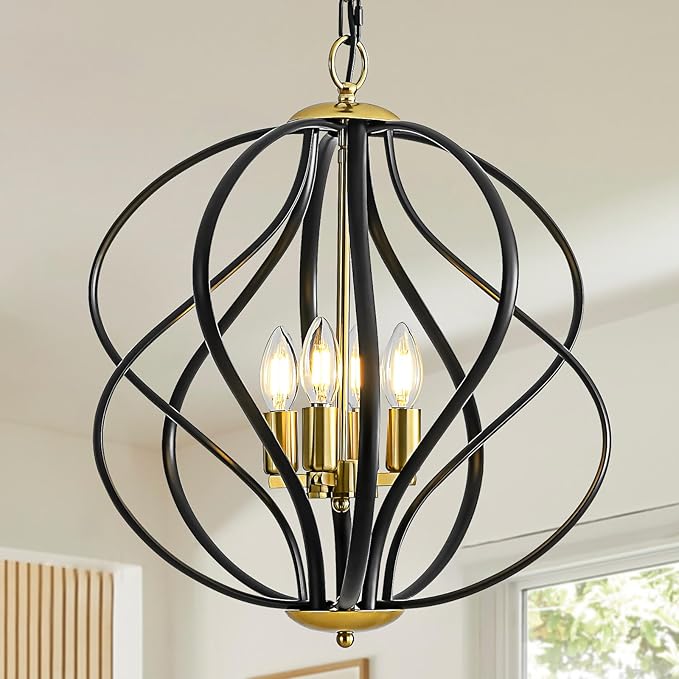 17” Modern Black and Gold Chandelier for Dining Room - 4-Light Industrial Sphere Pendant Light, Hanging Geometric Chandelier for Kitchen, Entryway, Foyer, Stairs