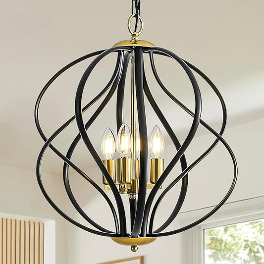 17” Modern Black and Gold Chandelier for Dining Room - 4-Light Industrial Sphere Pendant Light, Hanging Geometric Chandelier for Kitchen, Entryway, Foyer, Stairs