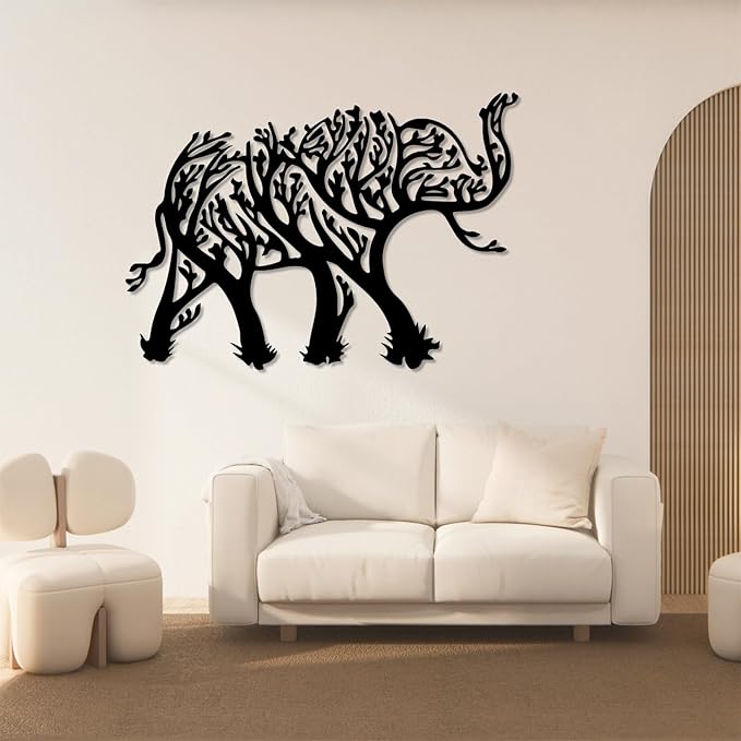 OSTCAL Metal Elephant Wall Decor, Metal Elephant Tree Wall Art, Geometric Elephant and Tree Decor, Animal Wall Art, Metal Wall Art, Wildlife Lover Gift, Home Decor (Gold, 30"x21" | 76x54cm)