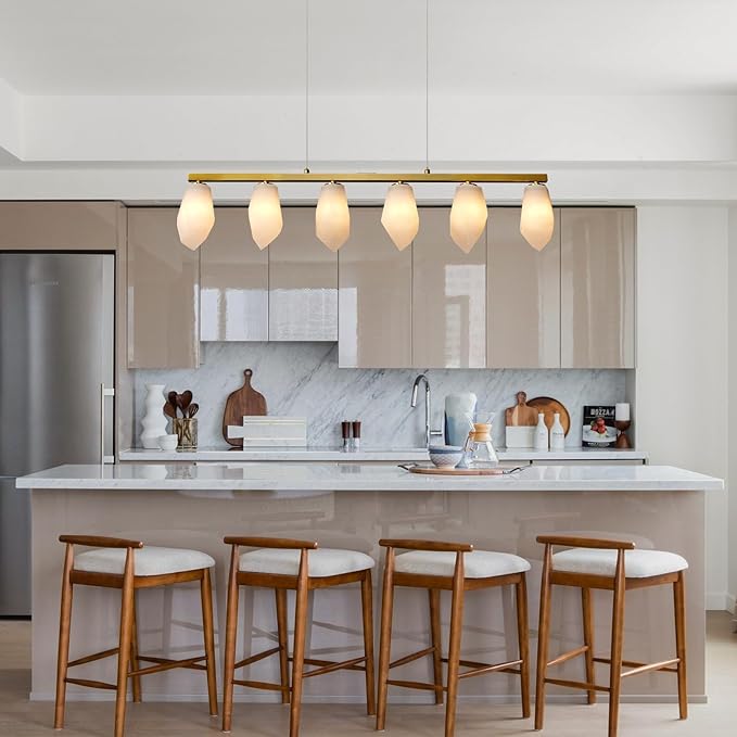 Alabaster Chandelier, 39" 6-Light Linear Chandelier with Bulb, Rectangular Chandeliers for Dining Room, Large Chandeliers for Kitchen Over Table, Island Lights Pendant Light Fixtures