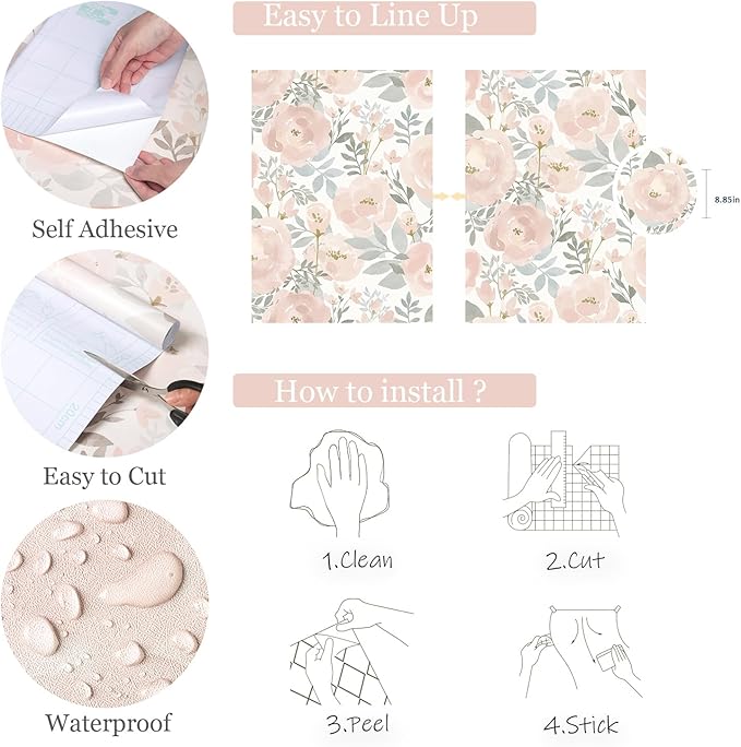 Orainege Peel and Stick Wallpaper Floral Wallpaper 17.3in x393.7in Floral Contact Paper Peony Self Adhesive Removable Wall Paper for Cabinets Walls Shelf Liner, Light Pink