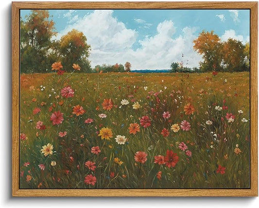 KISSFOX Vintage Landscape Framed Wall Art Autumn Farmhouse Wildflower Field Canvas Art Natural Fall Countryside Paintings Artwork Rustic Art Prints For Bedroom Bathroom Living Room