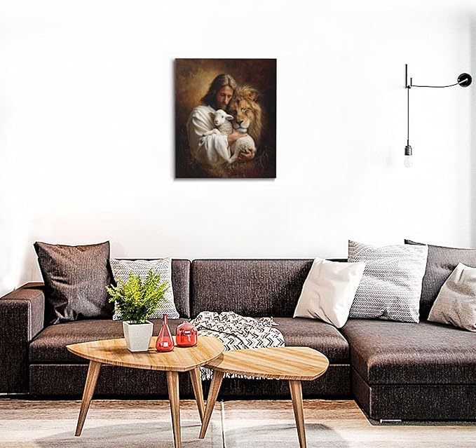 Jesus Lion Lamb Wall Art Christian Jesus Wall Decor Lion of Judah Pictures Religious God Canvas Painting Print Christ Artwork Decoration for Living Room Bedroom Church Framed Gifts 20”X24”