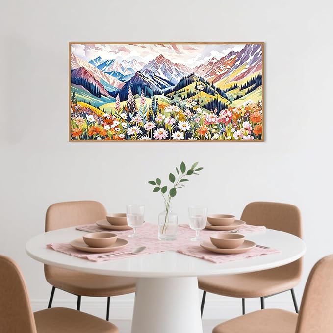 Large Colorful Scenery Framed Canvas Wall Art, Abstract Floral Mountain Wall Decor,Boho Botanical Landscape Artwork,Brilliant Nature Art Print for Living Room, Bedroom, Office- 40"x20"
