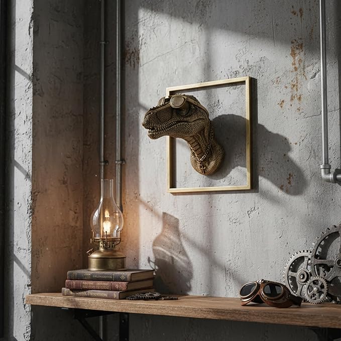 JJALIGHTS Exquisite Resin Animal Head Wall Sculpture (Gift Metal Frame) - Imitation Copper Vintage Decor for Living Room, Bedroom & Office | Decorative Wall Hanging Art (Dinosaur)