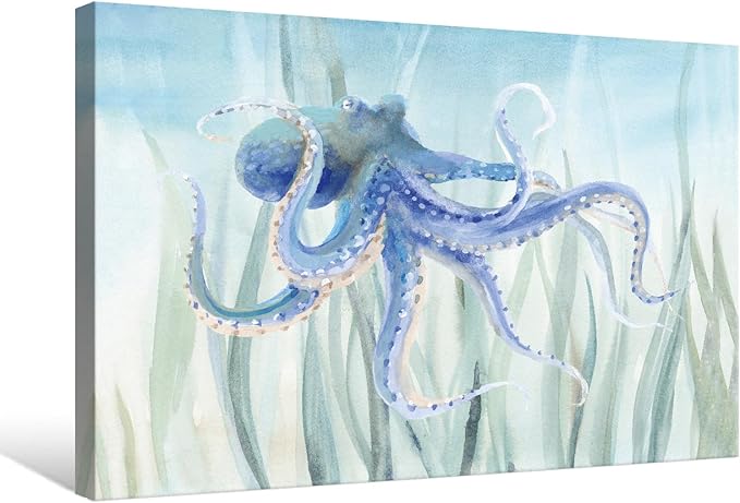 Ocean Wall Decor Octopus Canvas Wall Art for Bathroom Under The Sea Blue Coastal Decor for Home Nautical Prints for Bedroom Kitchen Restroom 36x24Inch